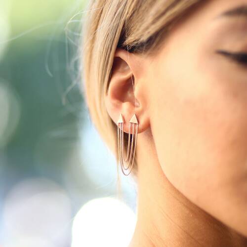 By Golden House - Tasarım Üç Zincirli Üçgen Küpe